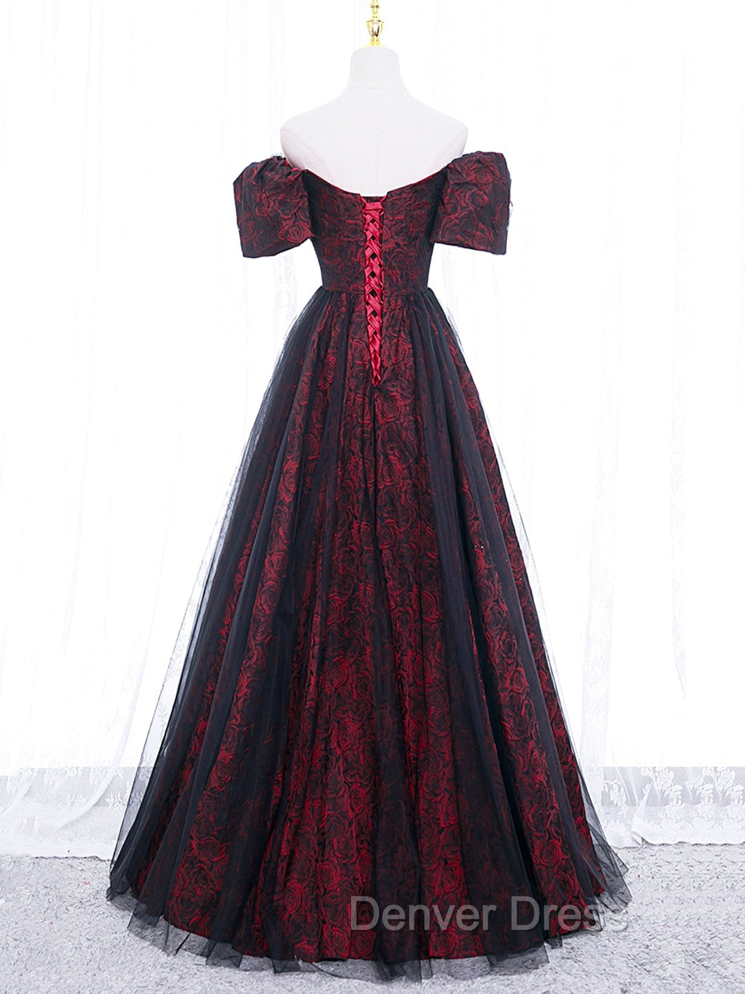 A Line Tulle Lace Black burgundy Long Prom Dress, Black Burgundy Long Prom Dresses