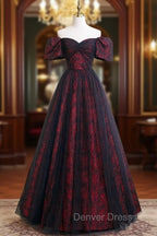 A-Line Tulle Lace Black/burgundy Long Prom Dresses, Black/Burgundy Long Formal Dresses