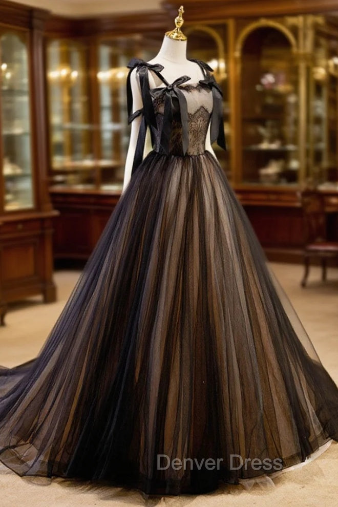 A-Line Tulle Lace Black Long Prom Dresses, Black Formal Evening Dresses Secondary image