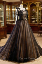 A-Line Tulle Lace Black Long Prom Dresses, Black Formal Evening Dresses