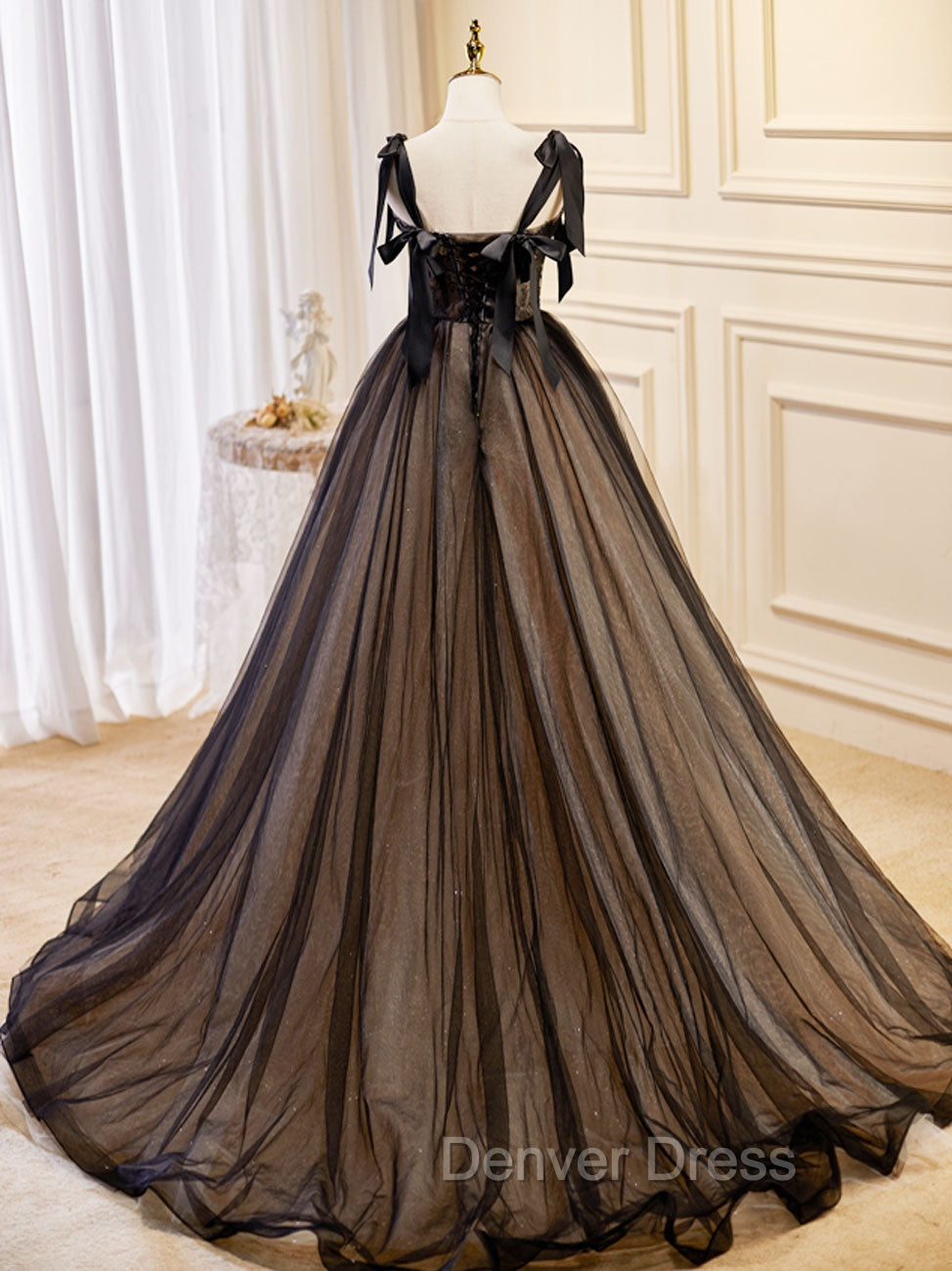 A Line Tulle Lace Black Long Prom Dress, Black Prom Dresses