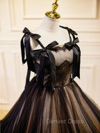 A-Line Tulle Lace Black Long Prom Dresses, Black Formal Evening Dresses