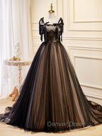 A-Line Tulle Lace Black Long Prom Dresses, Black Formal Evening Dresses