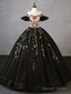 A- Line Tulle Lace Black Long Prom Dress, Black Lace Sweet 16 Dress