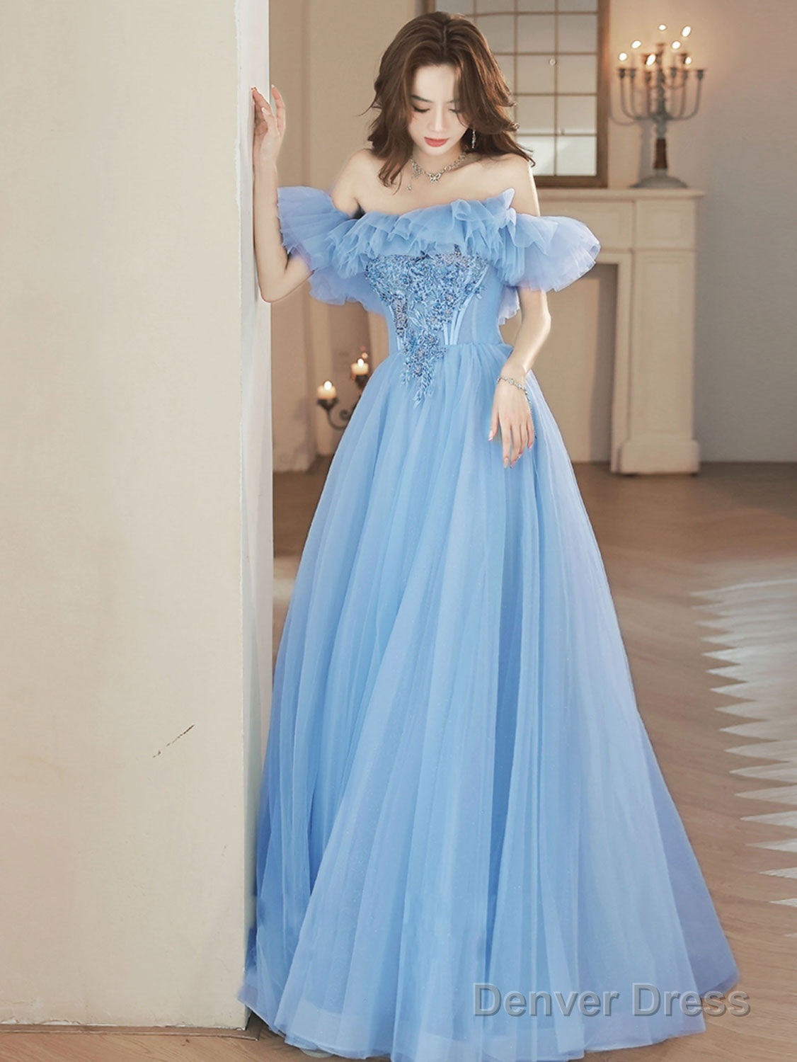 A-Line Tulle Lace Blue Long Prom Dress, Blue Formal Dresses Main image
