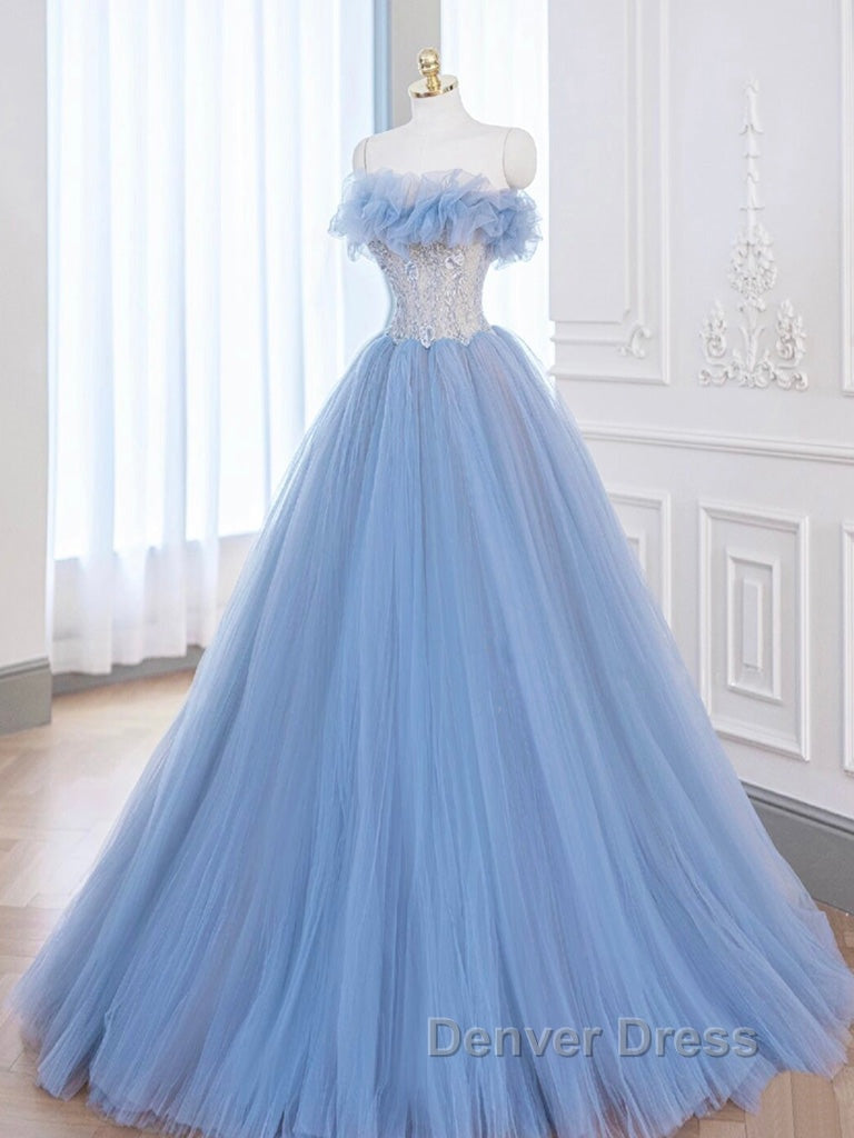 A-Line Tulle Lace Blue Long Prom Dresses, Blue Lace Long Formal Dresses