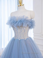 A-Line Tulle Lace Blue Long Prom Dresses, Blue Lace Long Formal Dresses