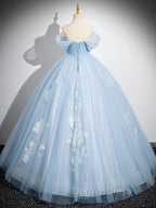 A Line Tulle Lace Blue Long Prom Dress, Off Shoulder Blue Long Sweet 16 Dresses