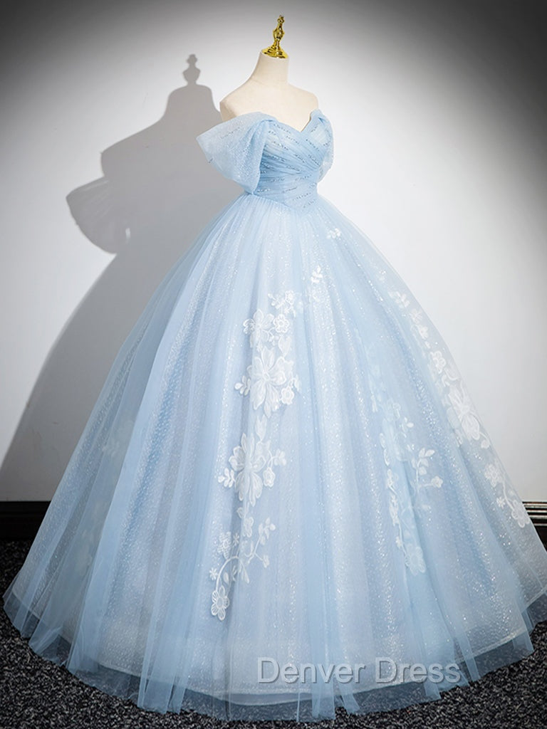 A Line Tulle Lace Blue Long Prom Dress, Off Shoulder Blue Long Sweet 16 Dresses