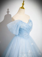 A Line Tulle Lace Blue Long Prom Dress, Off Shoulder Blue Long Sweet 16 Dresses