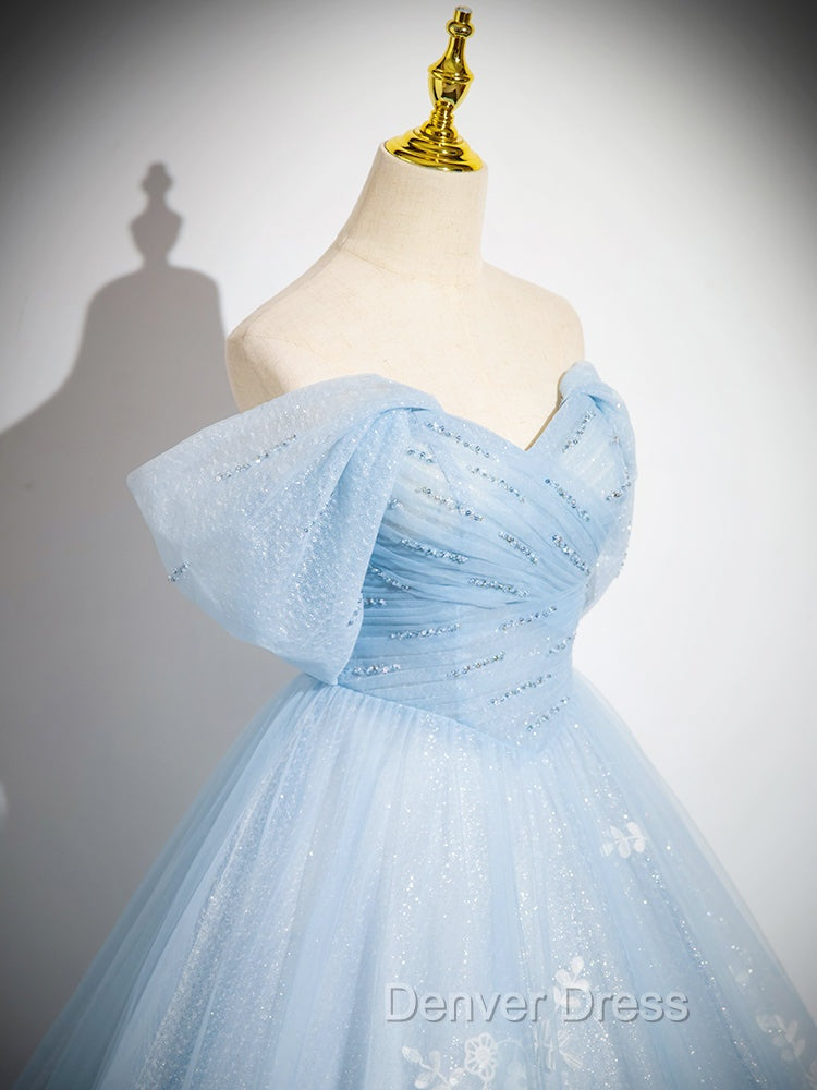 A Line Tulle Lace Blue Long Prom Dress, Off Shoulder Blue Long Sweet 16 Dresses