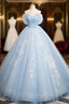 A Line Tulle Lace Blue Long Prom Dress, Off Shoulder Blue Long Sweet 16 Dresses