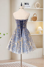 A-Line Tulle Lace Blue Short Prom Dresses, Cute Blue Homecoming Dresses