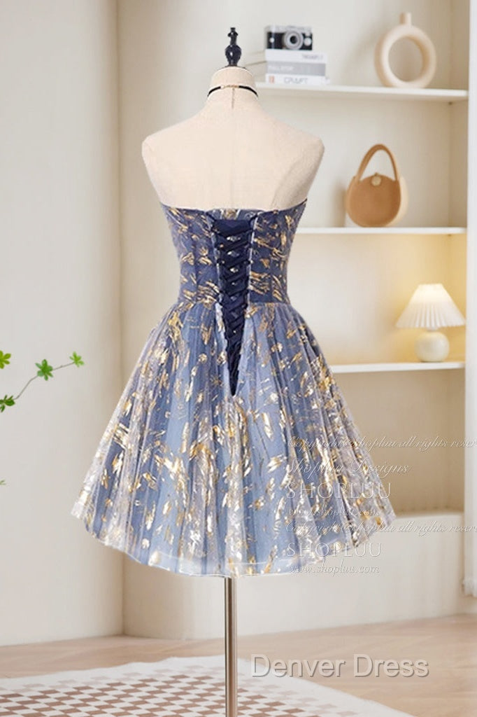 A Line Tulle Lace Blue Short Prom Dress, Cute Blue Homecoming Dresses