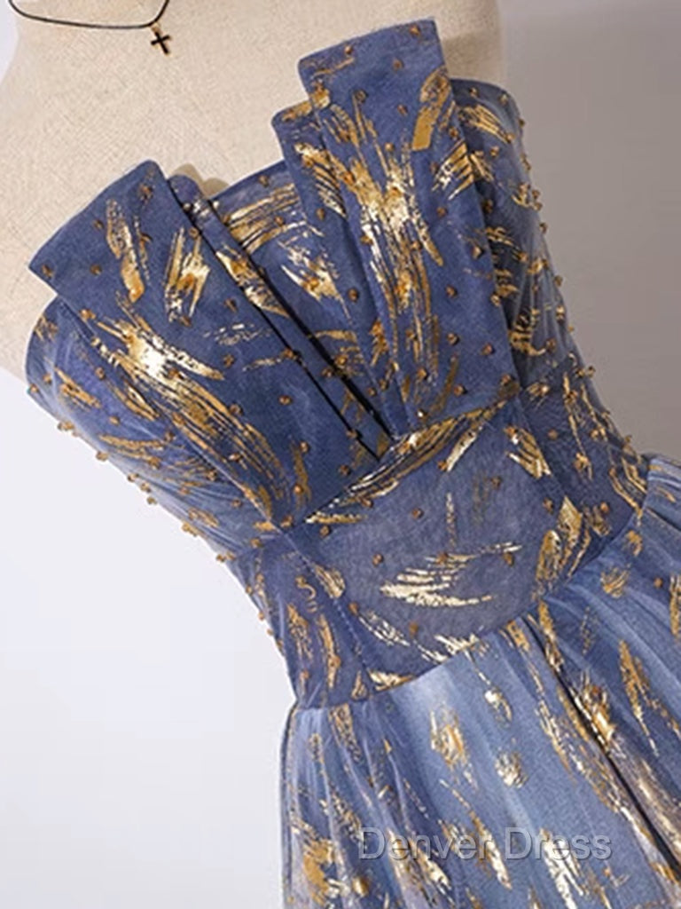 A-Line Tulle Lace Blue Short Prom Dresses, Cute Blue Homecoming Dresses