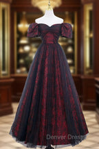 A Line Tulle Lace Burgundy Long Prom Dress, Burgundy Long Prom Dresses