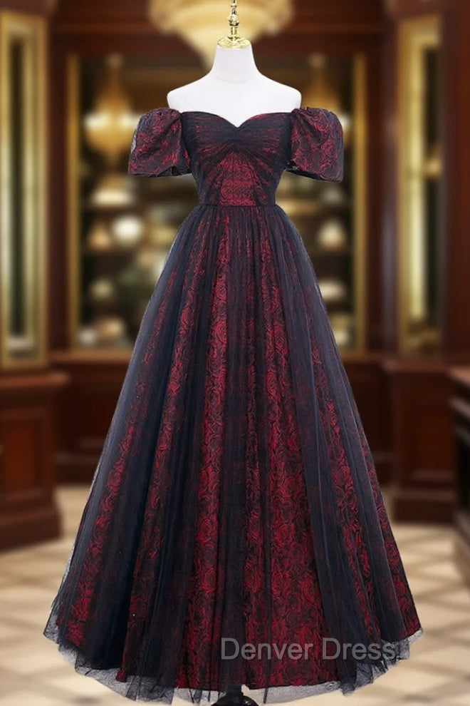 A Line Tulle Lace Burgundy Long Prom Dress, Burgundy Long Prom Dresses
