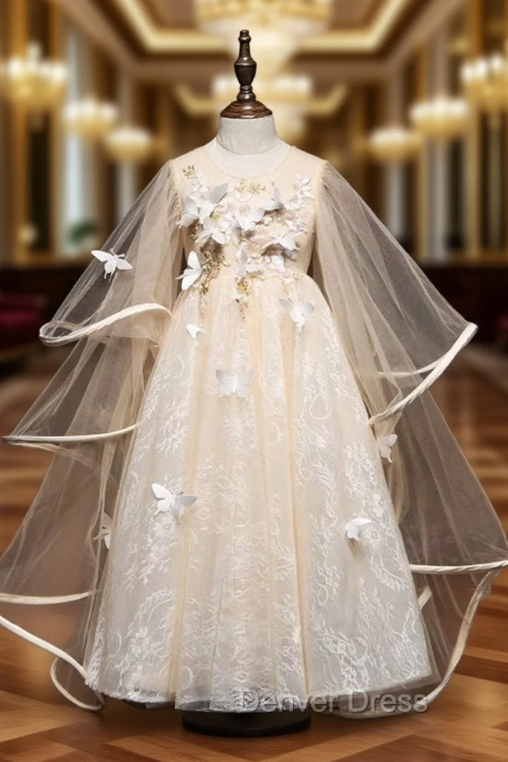 A-Line Tulle Lace Butterfly Champagne Flower Girl Dresses Main image