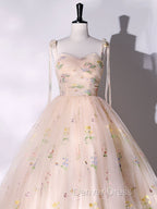 A Line Tulle Lace Champagne Long Prom Dress, Champagne Prom Sweet 16 Dresses