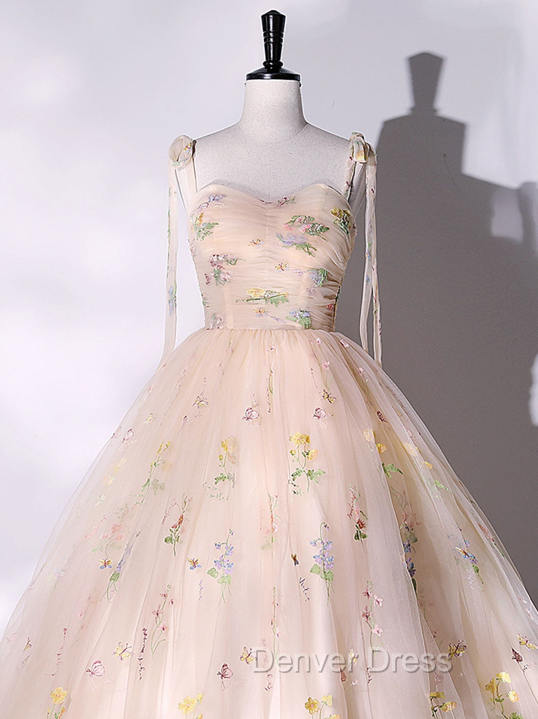 A Line Tulle Lace Champagne Long Prom Dress, Champagne Prom Sweet 16 Dresses