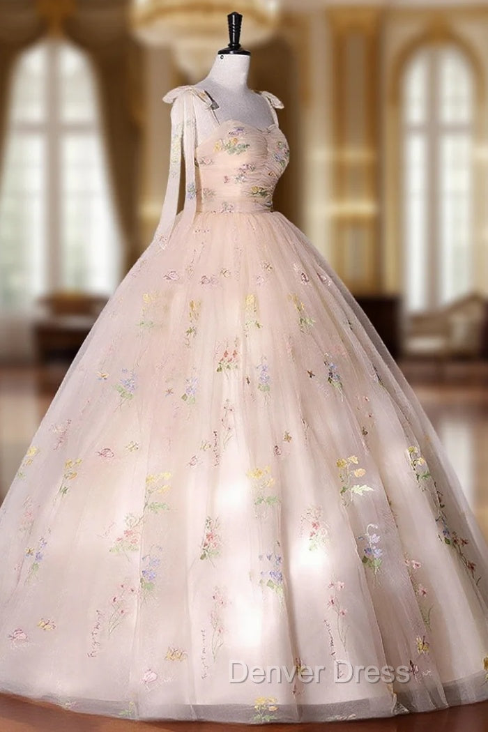 A-Line Tulle Lace Champagne Long Prom Dresses, Champagne Formal Sweet 16 Dresses Main image