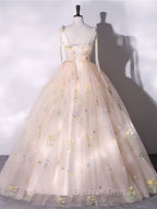 A-Line Tulle Lace Champagne Long Prom Dresses, Champagne Formal Sweet 16 Dresses