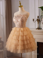 A-Line Tulle Lace Champagne Short Prom Dresses, Champagne Homecoming Dresses