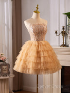 A-Line Tulle Lace Champagne Short Prom Dresses, Champagne Homecoming Dresses