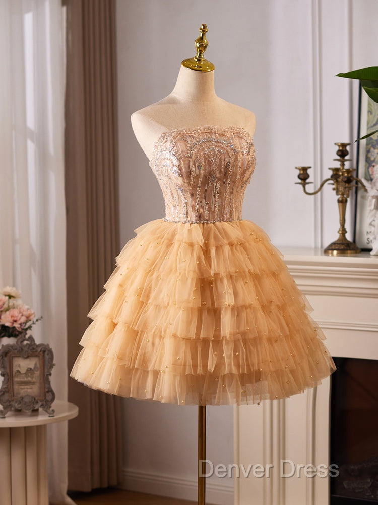 A-Line Tulle Lace Champagne Short Prom Dresses, Champagne Homecoming Dresses