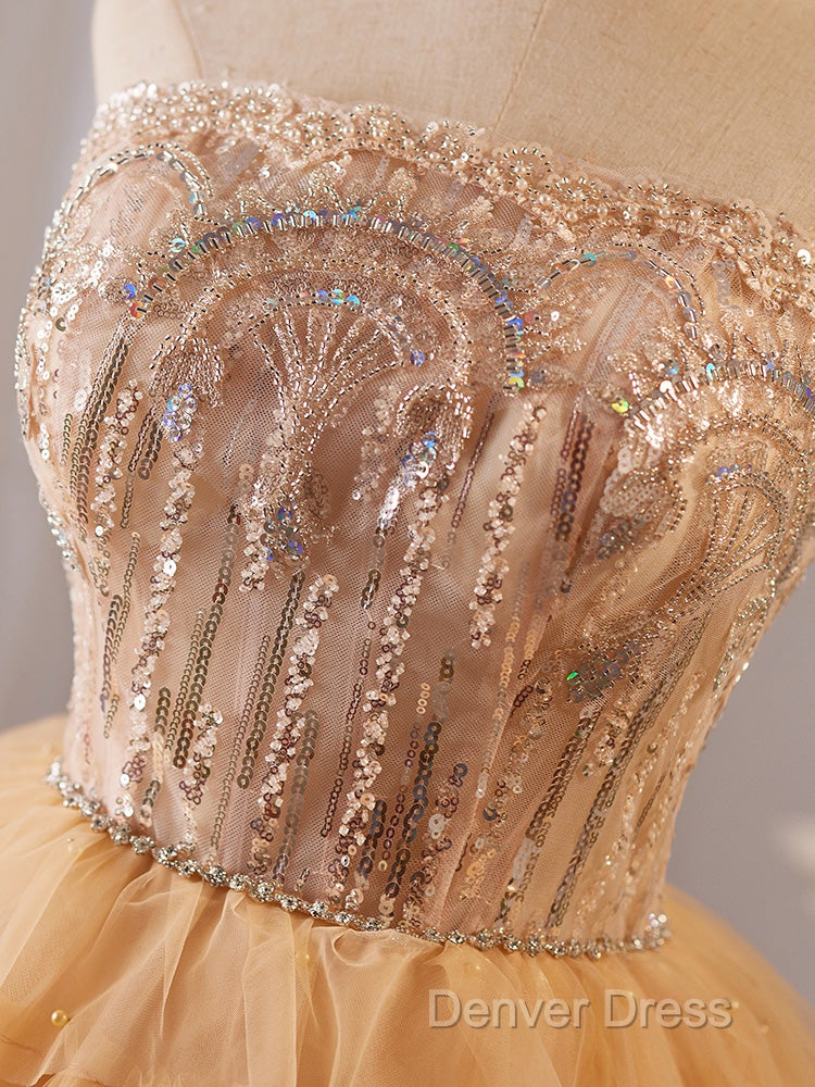 A-Line Tulle Lace Champagne Short Prom Dresses, Champagne Homecoming Dresses