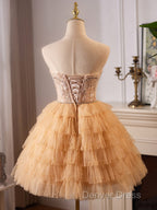 A-Line Tulle Lace Champagne Short Prom Dresses, Champagne Homecoming Dresses