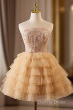 A-Line Tulle Lace Champagne Short Prom Dresses, Champagne Homecoming Dresses
