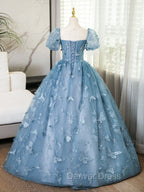 A-Line Tulle Lace Gray Blue Long Prom Dresses, Gray Blue Long Sweet 16 Dresses