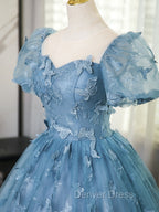 A-Line Tulle Lace Gray Blue Long Prom Dresses, Gray Blue Long Sweet 16 Dresses