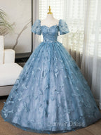 A-Line Tulle Lace Gray Blue Long Prom Dresses, Gray Blue Long Sweet 16 Dresses