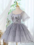 A Line Tulle Lace Gray Short Prom Dress, Cute Gray Homecoming Dresses