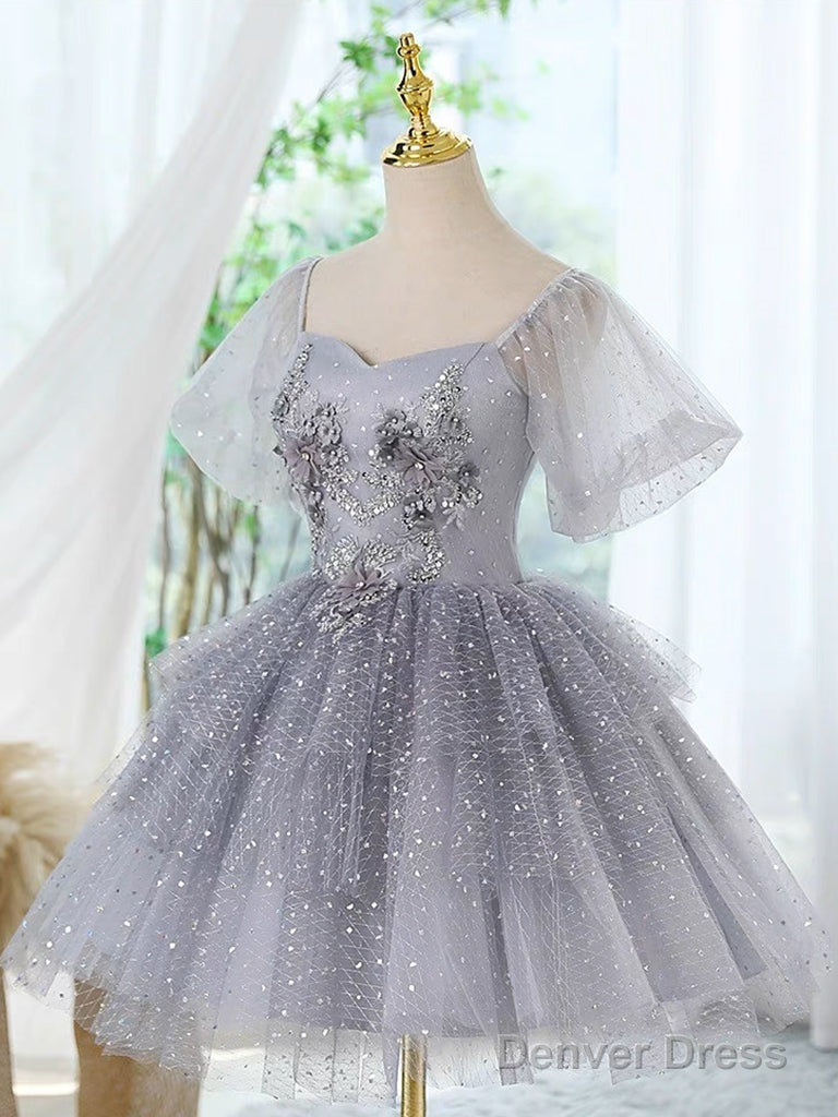 A Line Tulle Lace Gray Short Prom Dress, Cute Gray Homecoming Dresses