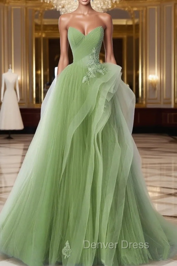A-Line Tulle Lace Green Long Prom Dresses, Green lace Long Formal Dresses Main image