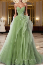 A-Line Tulle Lace Green Long Prom Dresses, Green lace Long Formal Dresses