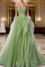 A-Line Tulle Lace Green Long Prom Dresses, Green lace Long Formal Dresses