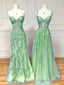A-Line Tulle Lace Green Long Prom Dress, Green Lace Long Graduation Dress