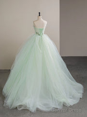 A-Line Tulle Lace Green Long Prom Dress, Tulle Green Long Formal Dress
