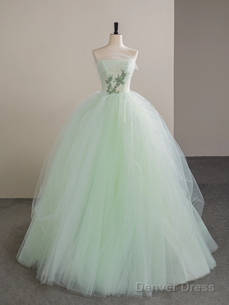 A-Line Tulle Lace Green Long Prom Dress, Tulle Green Long Formal Dress Main image