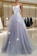 A line Tulle Lace Long Formal Dresses, Lace Tulle Prom Dresses