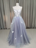 A line Tulle Lace Long Formal Dresses, Lace Tulle Prom Dresses