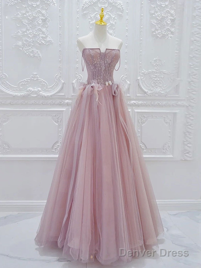 A-Line Tulle Lace Pink Long Prom Dress, Pink Tulle Lace Long Formal Dress