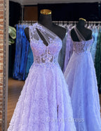 A-Line Tulle Lace Purple Long Prom Dresses, Purple Long Formal Dresses