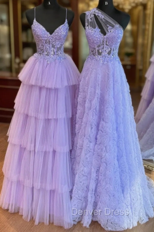 A-Line Tulle Lace Purple Long Prom Dresses, Purple Long Formal Dresses