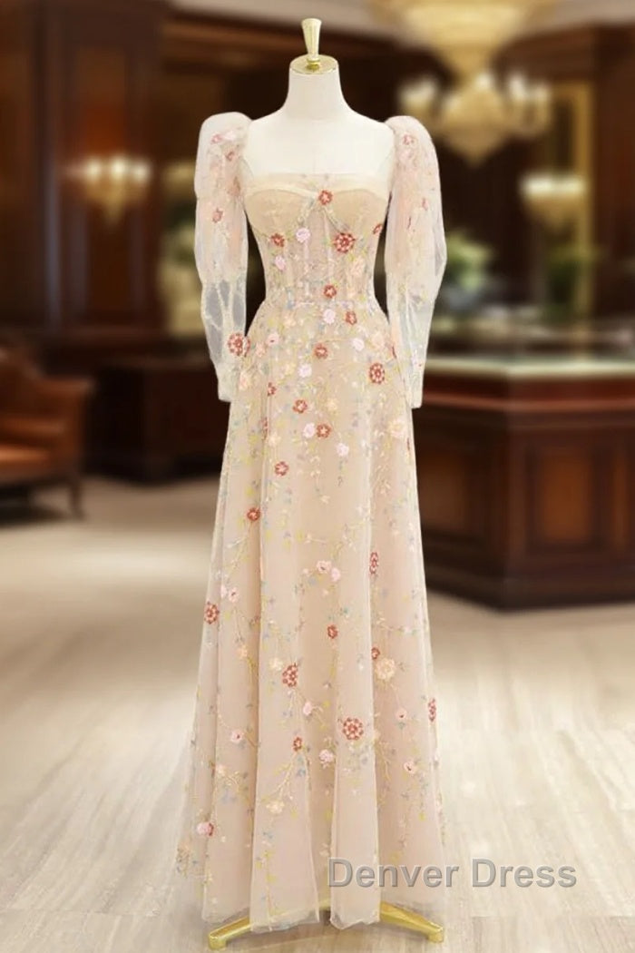 A-Line Tulle Lace Sequin Champagne Long Prom Dresses, Champagne Long Formal Dresses Main image