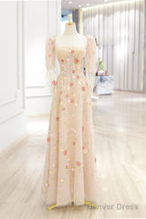 A-Line Tulle Lace Sequin Champagne Long Prom Dress, Champagne Long Formal Dress